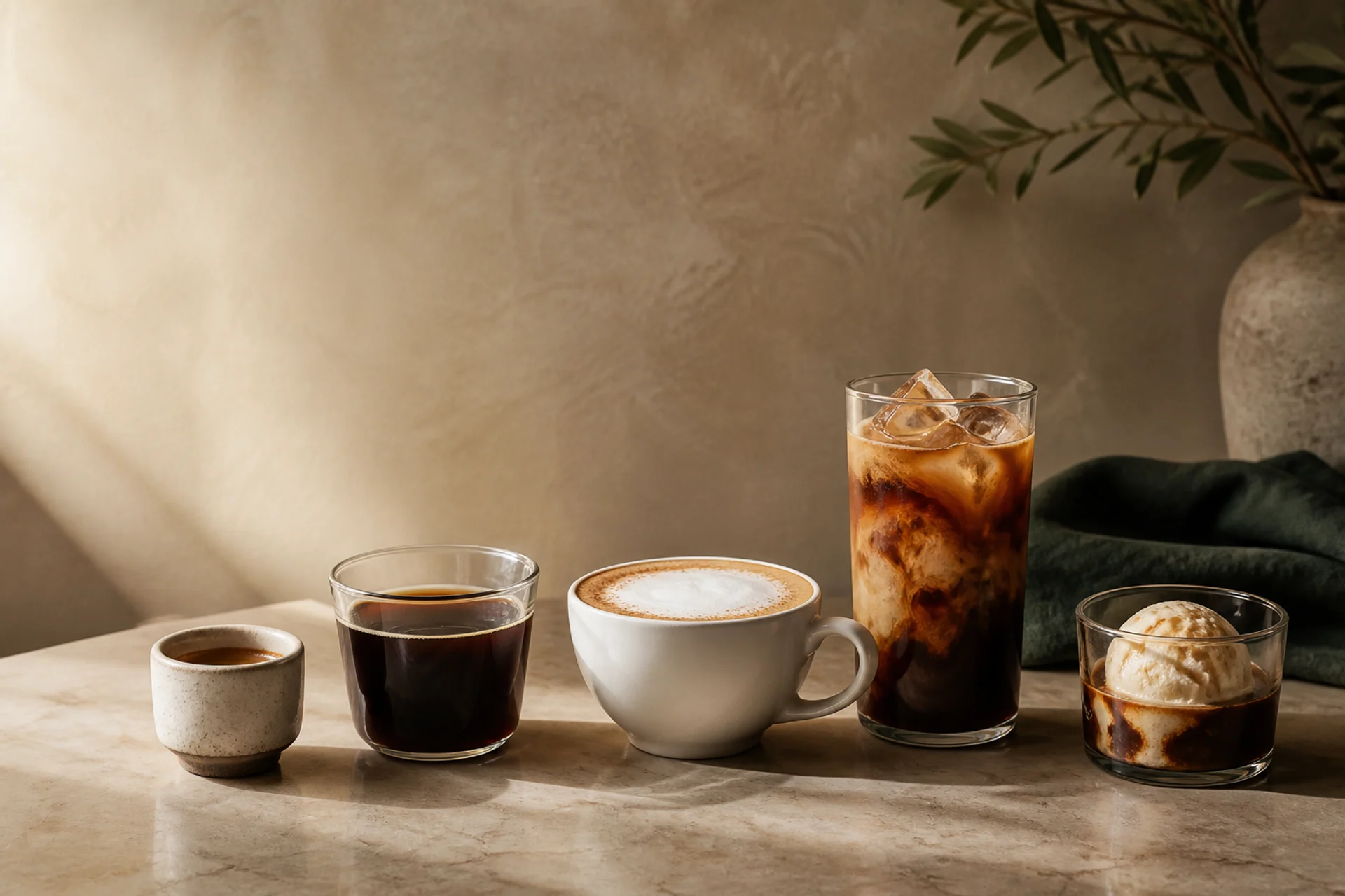 Espresso, café filtre, cappuccino, café glacé et affogato alignés sur un comptoir