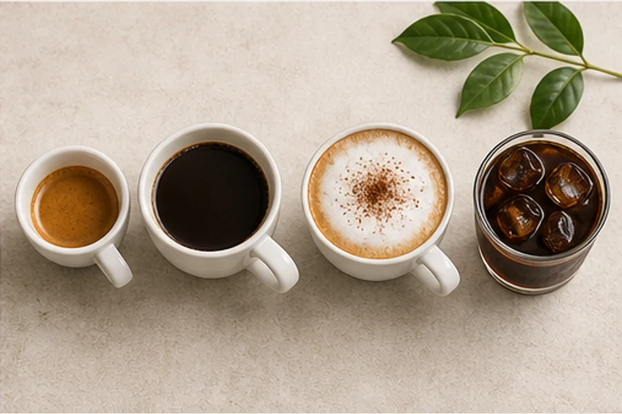 Plusieurs boissons au café vues du dessus
