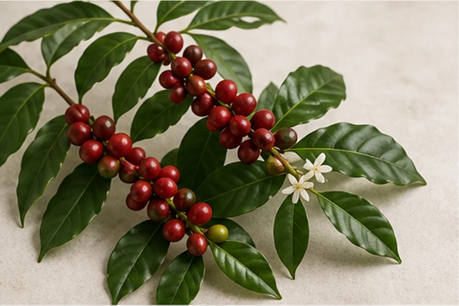 Cerises de café rouges et vertes sur un caféier