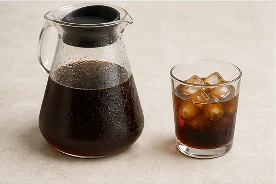 Verre de cold brew avec glaçons sur une table claire
