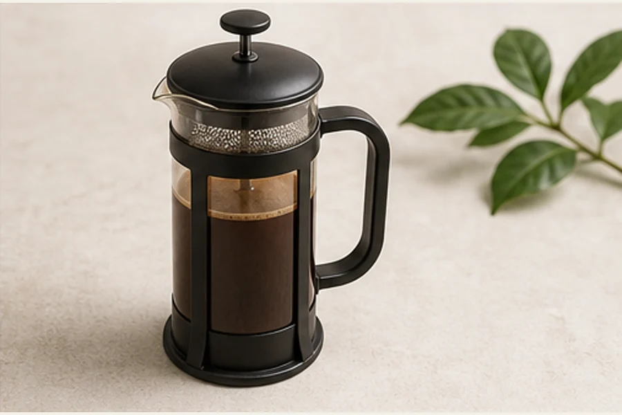 Cafetière à piston en verre remplie de café