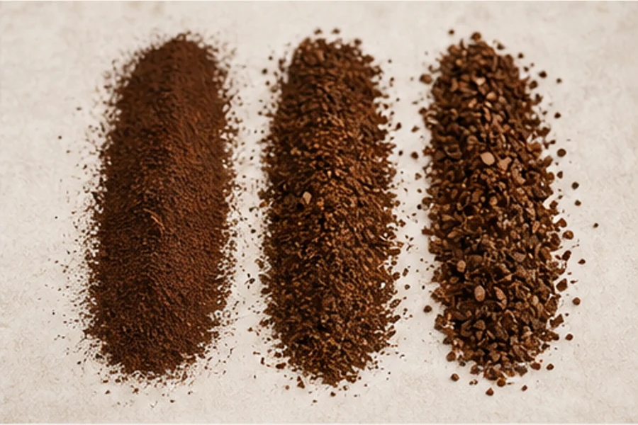 Trois moutures de café alignées, de fine à grossière