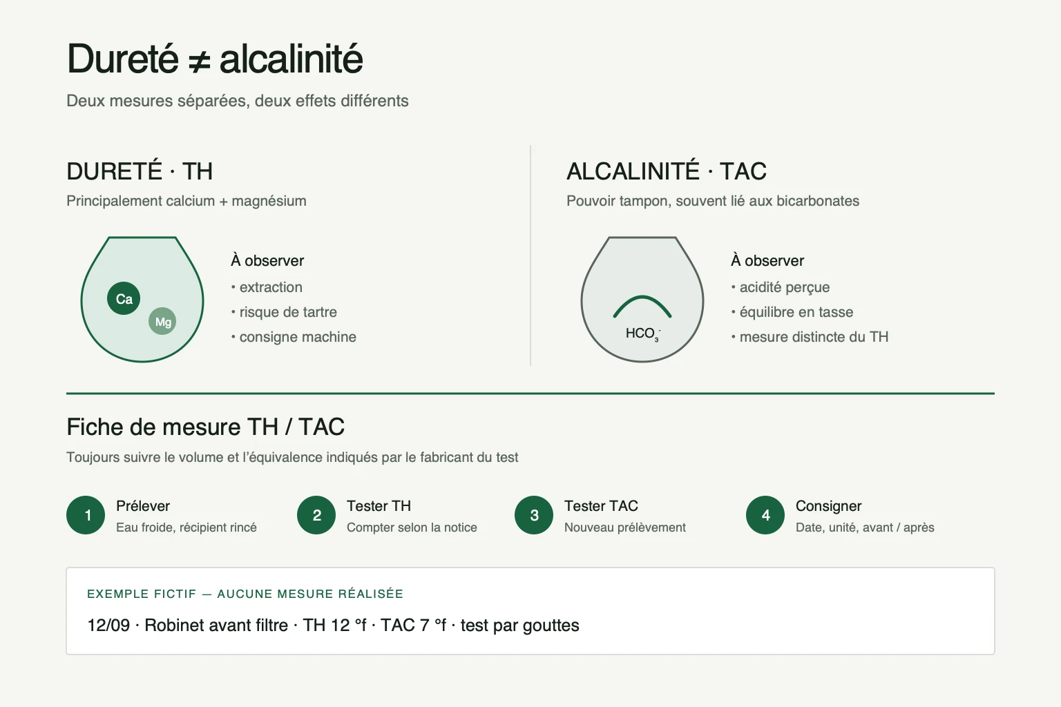 Schéma distinguant la dureté TH liée surtout au calcium et au magnésium de l’alcalinité TAC liée au pouvoir tampon, suivi d’une fiche de mesure en quatre étapes
