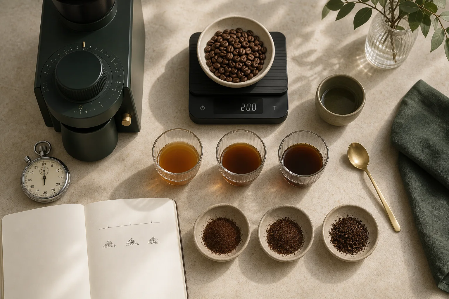 Moulin électrique, balance, trois tasses, chronomètre et carnet de réglage sur une table
