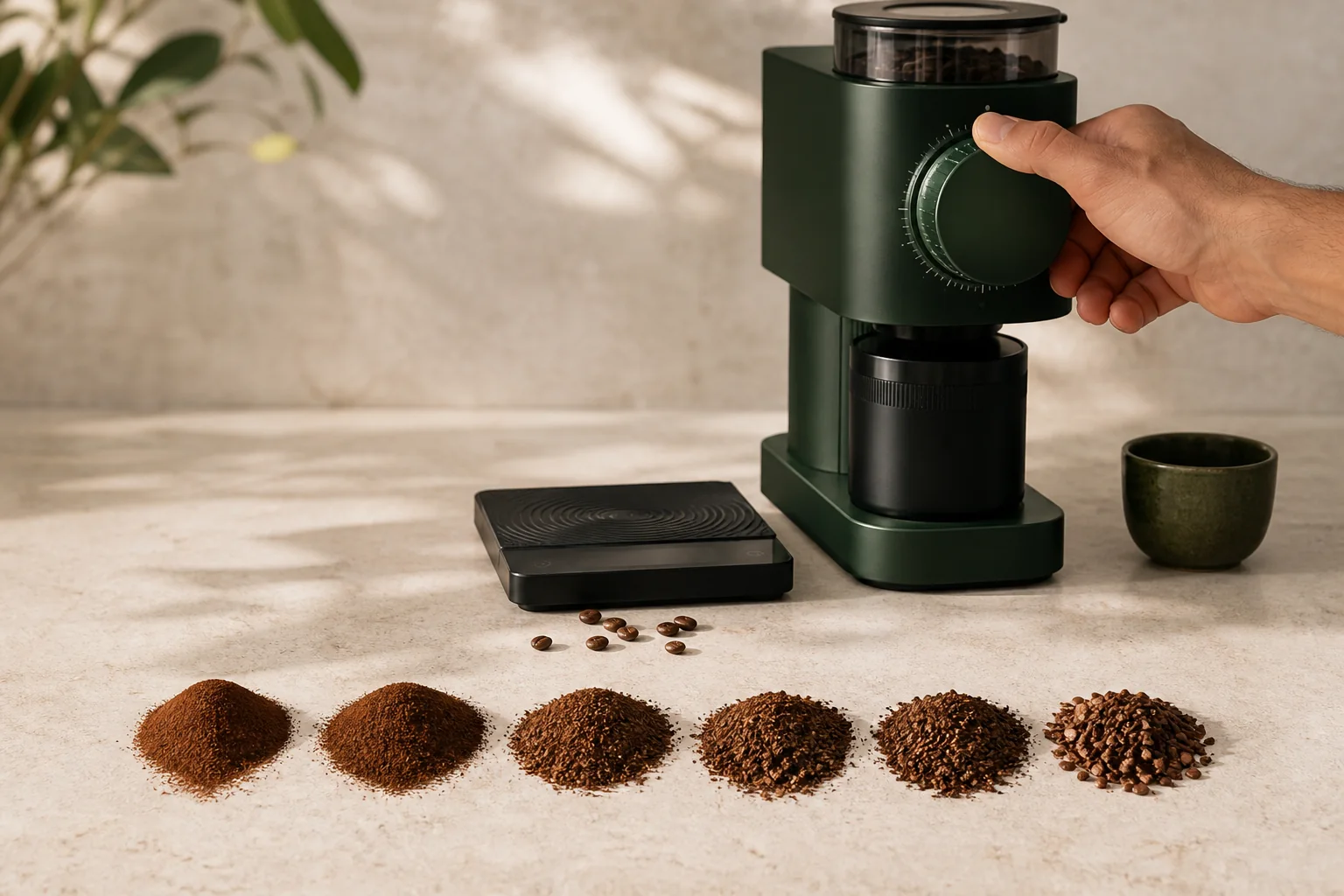 Six moutures de café alignées de très fine à très grossière sur une table de travail