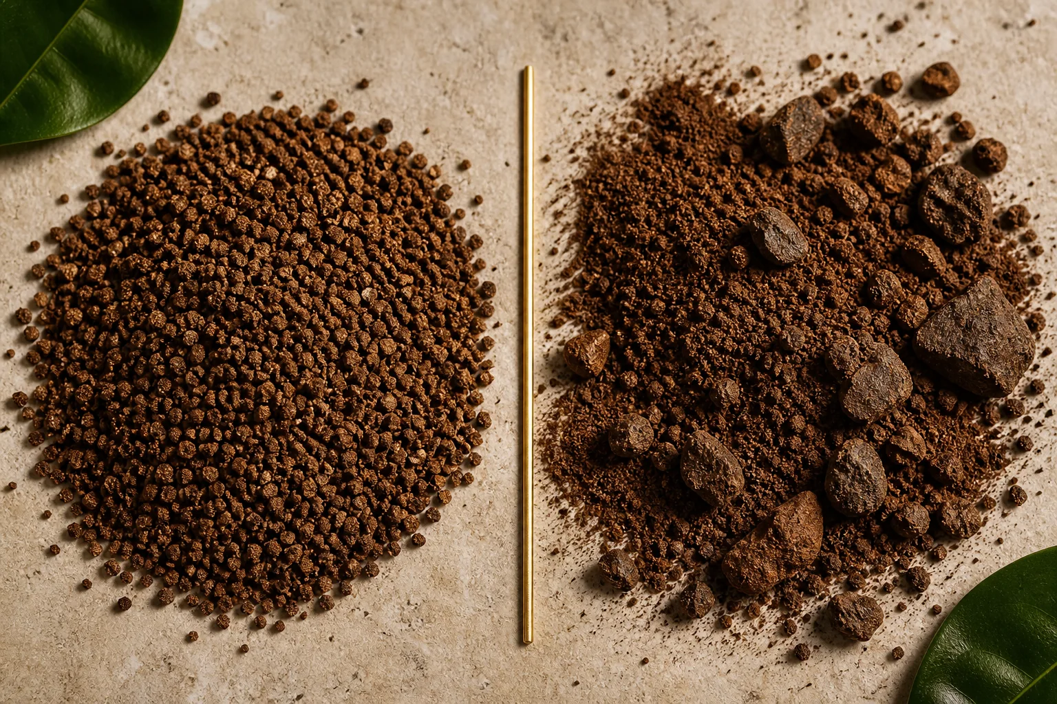 Macrophotographie comparant une mouture régulière et une mouture riche en fines