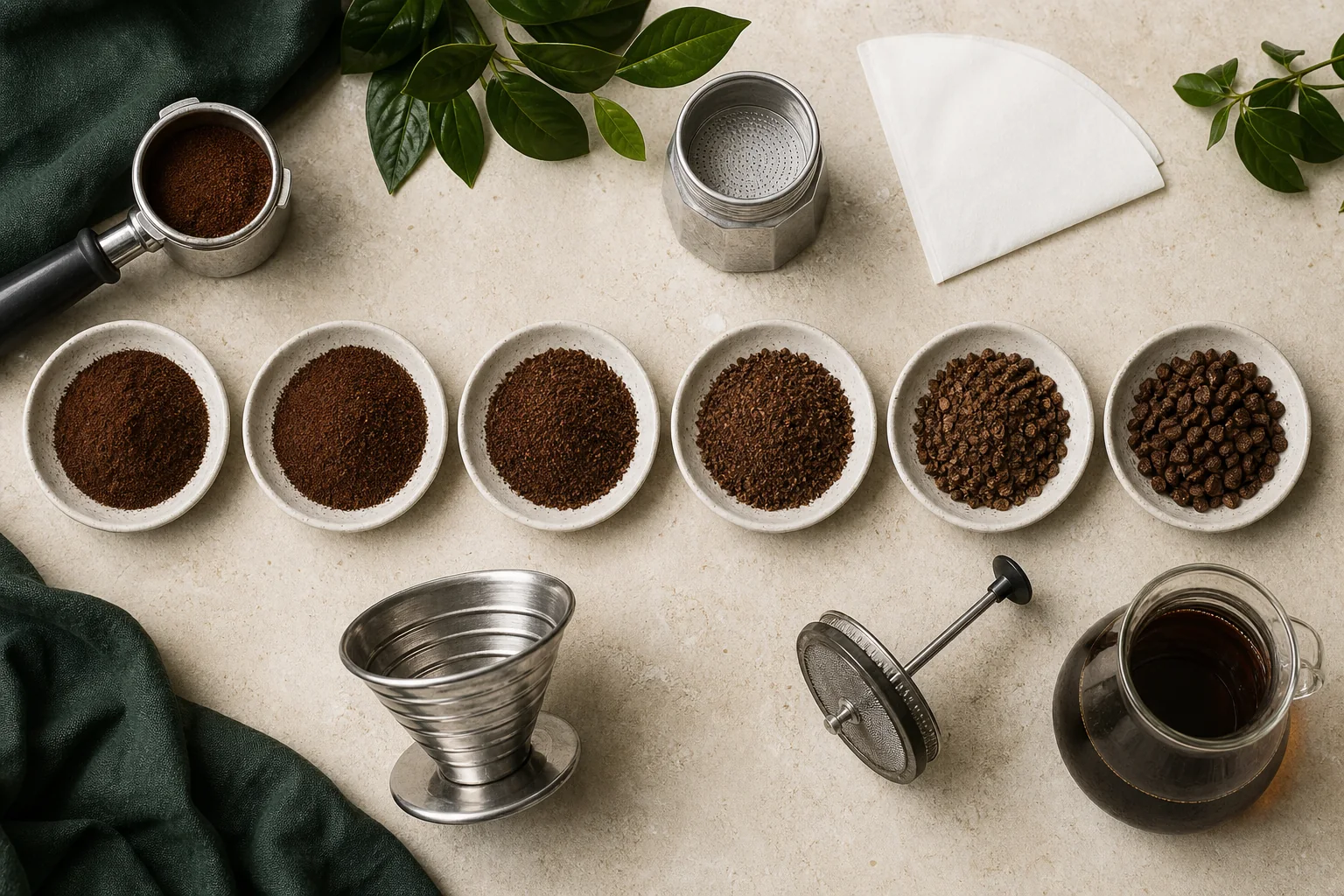 Échelle photographique des moutures avec espresso, moka, filtre, piston et cold brew