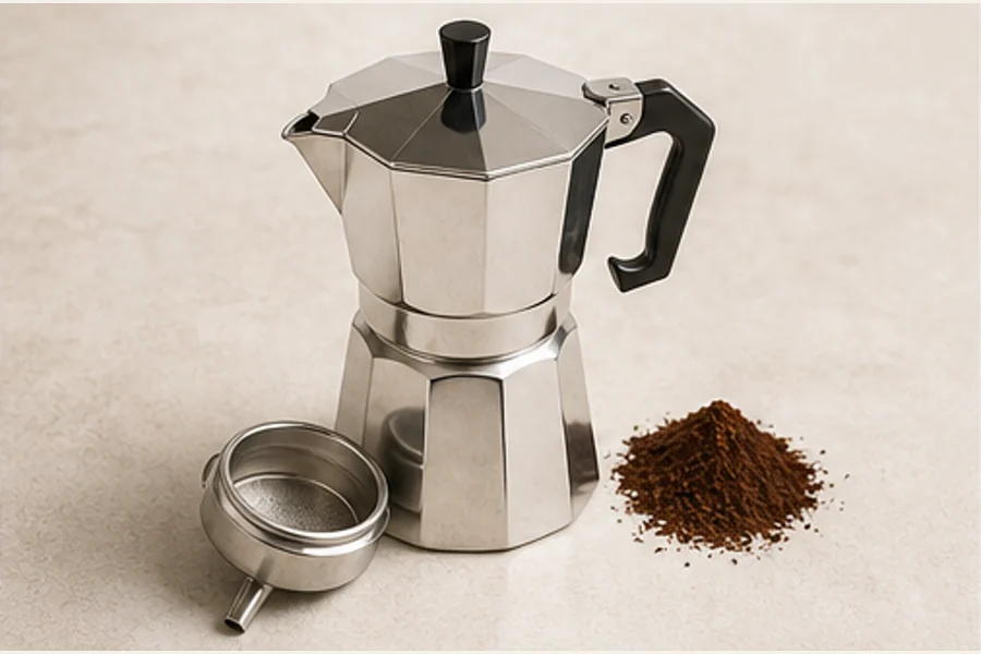 Cafetière italienne ouverte avec café fraîchement préparé